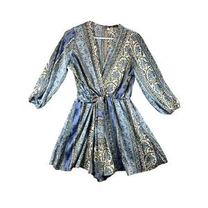 Zara Patchwork Romper Floral Paisley Print Short Silky Jumpsuit Blue Womens XS